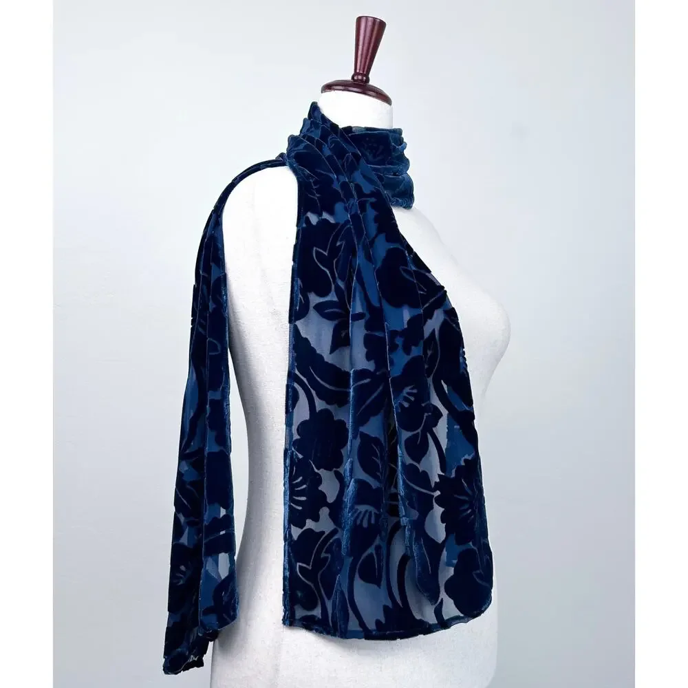 Silk Lore Vintage Blue Floral Velvet Burnout Semi-Sheer Rectangle Shawl Scarf